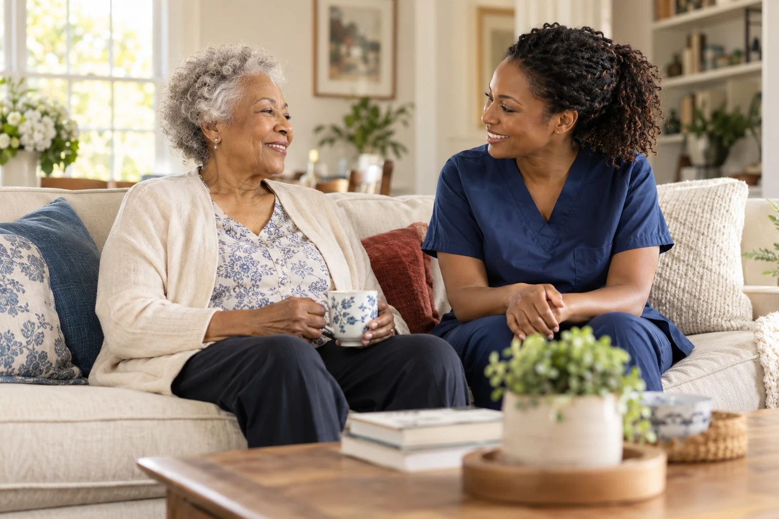 Illustrative caregiver and older adult enjoying a warm conversation at home